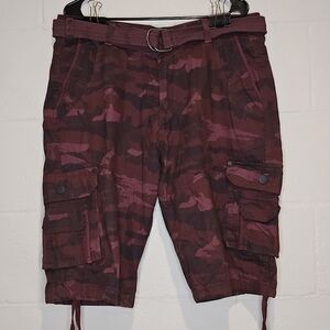 Fried-Denim Cargo Shorts Mens 38 Burgundy Camo 100% Cotton 8 Pocket.